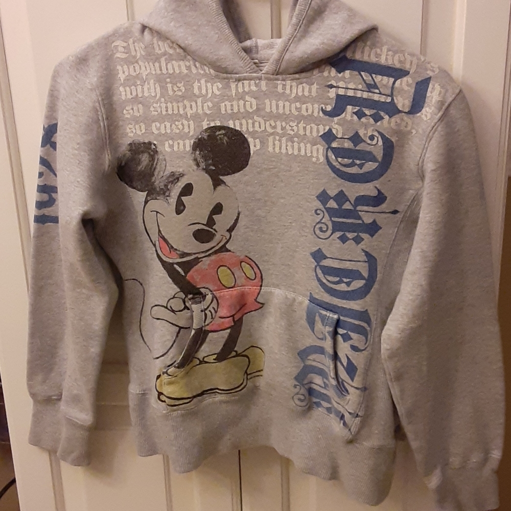 Disney Mickey Mouse gray hoodie 1928 Old English lettering Kids size Medium EUC…